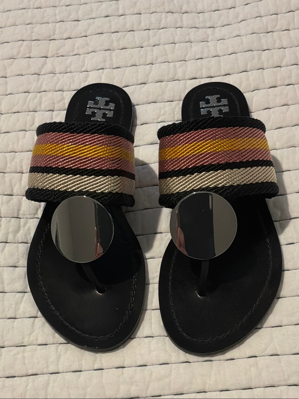 Tory Burch Black Leather Thong Sandals with Multicolor Striped Strap